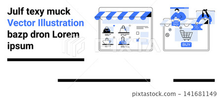 E-commerce, user experience, digital marketing, online shopping, virtual store, consumer interaction. Web interface user profiles and a shopping cart. E-commerce and user experience concept E-commerce, user experience, digital marketing, online shopping, virtual store, consumer interaction. Web interface user profiles and a shopping cart. E-commerce and user experience concept 141681149