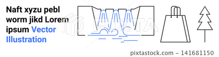 Nature, eco-products, sustainability, consumer habits, minimalism, environmental awareness. Stylized s of a waterfall, shopping bag and tree. Nature and eco-products sustainability and minimalism Nature, eco-products, sustainability, consumer habits, minimalism, environmental awareness. Stylized s of a waterfall, shopping bag and tree. Nature and eco-products sustainability and minimalism 141681150