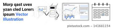 Business development, automation, data processing, productivity tools, future technology, workflow organization. Robot interacting with graph data, charts and calendar. Business development Business development, automation, data processing, productivity tools, future technology, workflow organization. Robot interacting with graph data, charts and calendar. Business development 141681154