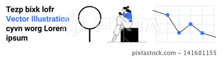 Business analytics, statistical trends, research, productivity, data solutions, professional growth. Includes chart with data points, magnifying glass and person using laptop. Business analytics 141681155