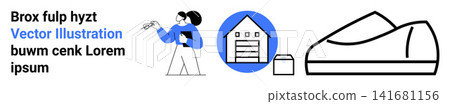 Real estate, property management, housing, urban planning, business, professional services. Woman holding clipboard, house with garage building outline. Real estate and property management concept Real estate, property management, housing, urban planning, business, professional services. Woman holding clipboard, house with garage building outline. Real estate and property management concept 141681156