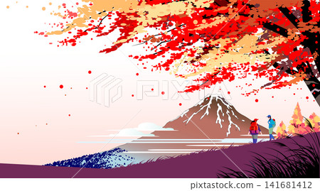向量插圖，描繪了一個人在富士山和秋葉的背景下享受徒步旅行的場景。 141681412