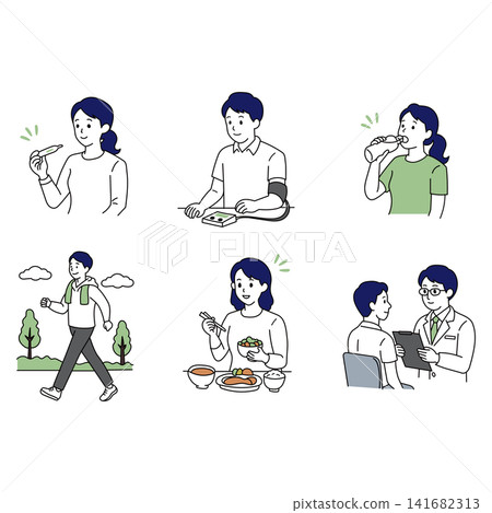 Health Management Illustration Set: Health Checkups, Exercise, Hydration, and Diet Health Management Illustration Set: Health Checkups, Exercise, Hydration, and Diet 141682313