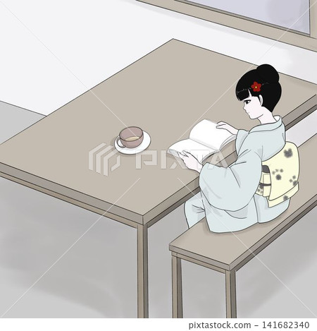 一位身穿和服的女子,背對著鏡頭,正在閱讀一本書;秋日的日式咖啡館。 一位身穿和服的女子,背對著鏡頭,正在閱讀一本書;秋日的日式咖啡館。 141682340