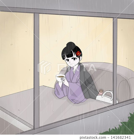 一位身穿和服的女子凝望著雨中的景色；秋日的日式咖啡館。 141682341