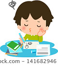 A boy who rests his chin on his hand and doodles while studying. 141682946