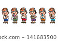 A set of illustrations of a boy wearing a Hyottoko mask at a summer festival. 141683500