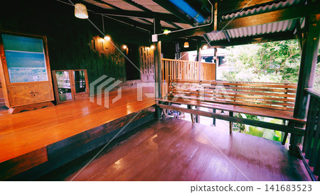 Wooden veranda bench porch house rustic interior terrace Wooden veranda bench porch house rustic interior terrace 141683523