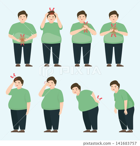 Vector illustration set of an overweight man suffering from various health symptoms including chest pain, headache, stomach ache, back pain, and exhaustion. Medical and lifestyle concept. Vector illustration set of an overweight man suffering from various health symptoms including chest pain, headache, stomach ache, back pain, and exhaustion. Medical and lifestyle concept. 141683757