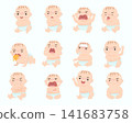 Set of cute baby icons showing various emotions and symptoms like crying, fever, vomiting, and skin rash. Vector illustration of infant health and development. 141683758