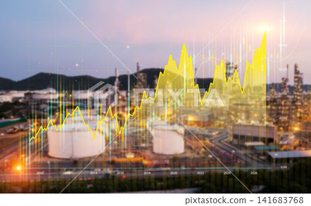 Rising stock market graph overlay on oil refinery plant at sunset, concept of oil price surge, energy sector investment and economic growth. 141683768