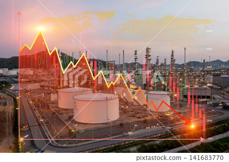 Falling red stock market graph arrow over petrochemical refinery at twilight, energy crisis, oil price crash and economic recession concept. Falling red stock market graph arrow over petrochemical refinery at twilight, energy crisis, oil price crash and economic recession concept. 141683770