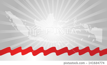 Indonesia Map Background with Wavy Flag Ribbon and Sunburst background Indonesia Map Background with Wavy Flag Ribbon and Sunburst background 141684774