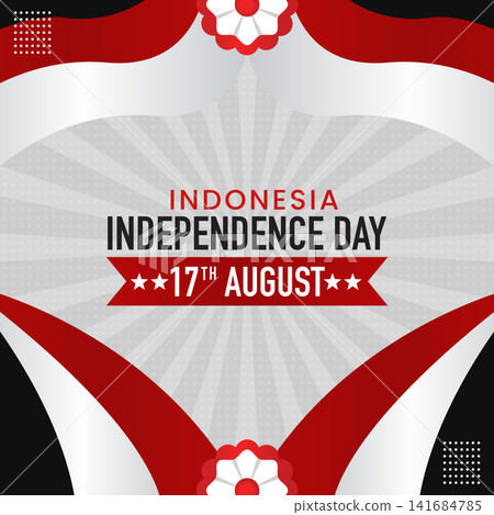 Indonesia Independence Day Greeting with Realistic Wavy Flag and Sunburst Background. Vector Illustration 141684785
