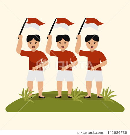 People Holding Indonesia Flag for Indonesia Independence Day Flat Illustration. Vector Illustration People Holding Indonesia Flag for Indonesia Independence Day Flat Illustration. Vector Illustration 141684786