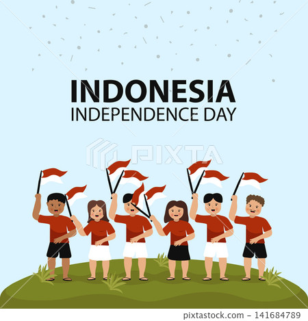 Indonesia Independence Day Greeting with Flat Illustration of People Waving Indonesian Flags. Vector Illustration 141684789