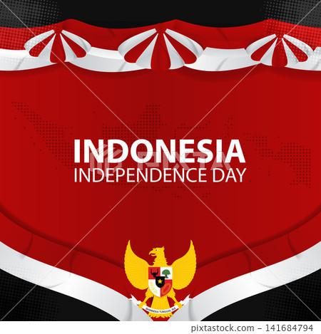 Indonesia Independence Day Greeting Background with Garuda Emblem and Red White Ribbon. Vector Illustration Indonesia Independence Day Greeting Background with Garuda Emblem and Red White Ribbon. Vector Illustration 141684794