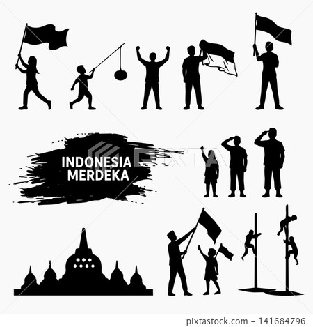ndonesia Independence Day Silhouette People and Borobudur Landmark Set.Vector Illustration 141684796