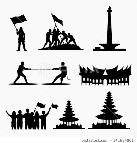 Indonesia Independence Day Silhouette Landmark and Celebration Set. Vector Illustration Indonesia Independence Day Silhouette Landmark and Celebration Set. Vector Illustration 141684801