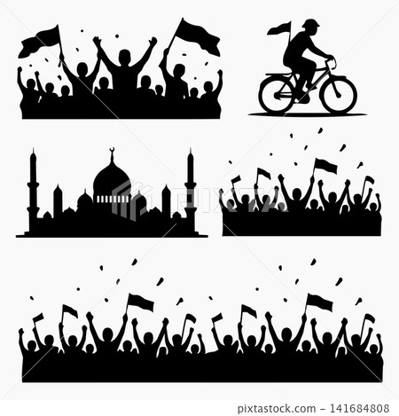 Indonesia Independence Day Silhouette Crowd and Mosque Set.Vector Illustration 141684808