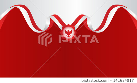Patriotic background featuring elegant red and white wavy ribbon decorations with a Garuda emblem decoration.Vector Illustration Patriotic background featuring elegant red and white wavy ribbon decorations with a Garuda emblem decoration.Vector Illustration 141684817