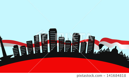 Indonesia Independence Day City Skyline with Wavy Flag. Vector Illustration Indonesia Independence Day City Skyline with Wavy Flag. Vector Illustration 141684818