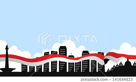 Indonesia Independence Day City Skyline with Monas Borobudur and Flag Ribbon Background Indonesia Independence Day City Skyline with Monas Borobudur and Flag Ribbon Background 141684823