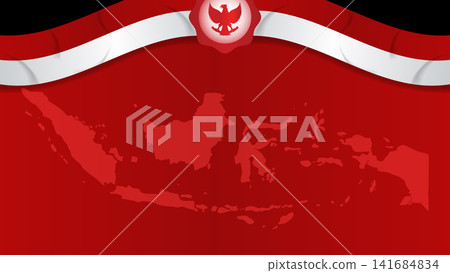 Indonesia Independence Day Background with Ribbon Seal and Indonesia Map Indonesia Independence Day Background with Ribbon Seal and Indonesia Map 141684834
