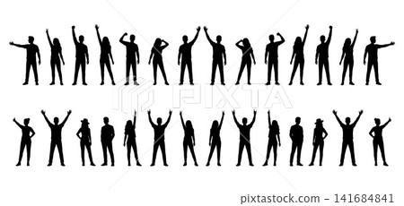 Collection of people silhouette poses with waving, standing, cheering, and greeting gestures. Collection of people silhouette poses with waving, standing, cheering, and greeting gestures. 141684841