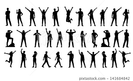 Silhouette people poses, man and woman collection. Vector illustration 141684842