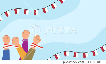 Indonesia Independence Day Raised Hands Celebration Flat Banner Illustration 141684843