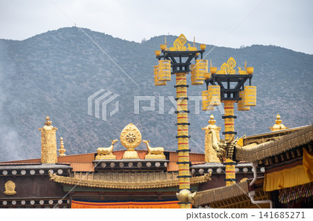 A part of objects decorated at Songzanlin Monastery the largest Tibetan Buddhist monastery in Shangri-La town in Yunnan province of China. A part of objects decorated at Songzanlin Monastery the largest Tibetan Buddhist monastery in Shangri-La town in Yunnan province of China. 141685271