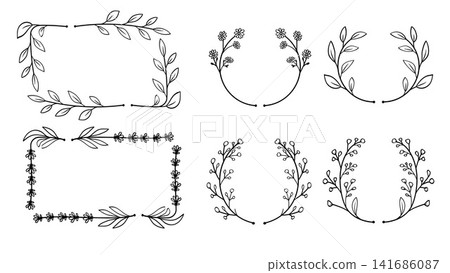 Botanical Rectangle Border and Floral Wreath Line Art Set Vector Illustration Botanical Rectangle Border and Floral Wreath Line Art Set Vector Illustration 141686087