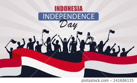 Indonesia Independence Day Celebration Banner with Crowd Silhouette Vector Illustration 141686135
