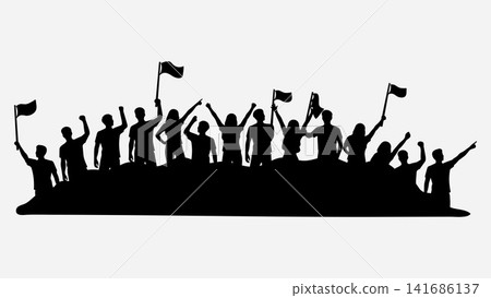 Cheering Crowd Silhouette with Waving Flags Vector Illustration Cheering Crowd Silhouette with Waving Flags Vector Illustration 141686137