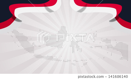 Indonesia Independence Day Banner with Abstract Indonesia Map and Red White Ribbon 141686140