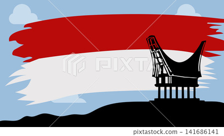 Indonesia Independence Day background featuring Tongkonan house silhouette and red white brush flag.Keywords Indonesia Independence Day background featuring Tongkonan house silhouette and red white brush flag.Keywords 141686141