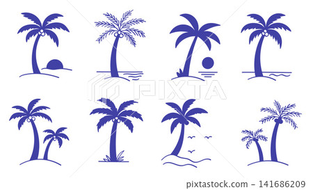 Tropical Palm Tree Beach Icon Collection with Island Sunset Vector Illustration Tropical Palm Tree Beach Icon Collection with Island Sunset Vector Illustration 141686209
