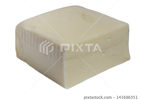 Rectangular block semi hard cheese with smooth pale yellow texture 141686351