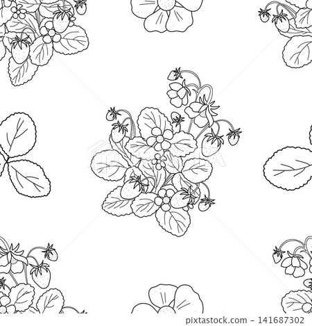 Black and white line-art seamless pattern with wild strawberry bushes, ripe berries, flowers, and leaves on white background. For coloring books, children's textiles and paper products, jam packaging 141687302