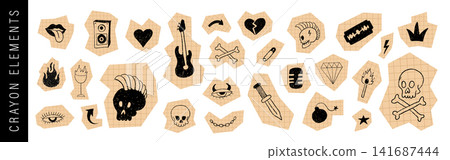 Punk scribble doodle. Handmade sticker on checkered notebook sheets. Scrapbook designs. Collage Vector illustration Punk scribble doodle. Handmade sticker on checkered notebook sheets. Scrapbook designs. Collage Vector illustration 141687444