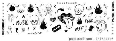 Wax distressed punk stickers. Vector music art. Rock symbols and heavy metal aesthetic Wax distressed punk stickers. Vector music art. Rock symbols and heavy metal aesthetic 141687446