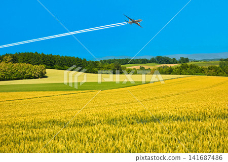 A composite image of the beautiful rural landscape of Biei and contrails. A composite image of the beautiful rural landscape of Biei and contrails. 141687486
