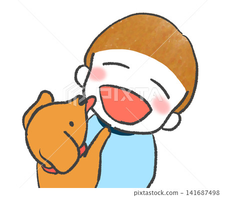 A little boy gets his face licked by a small dog. A little boy gets his face licked by a small dog. 141687498