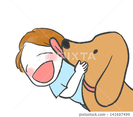 A boy gets his face licked by a big dog. 141687499