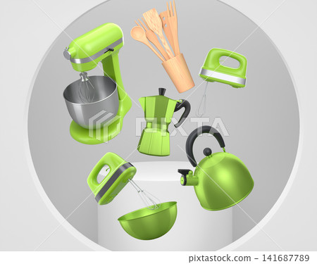Assorted kitchen appliances including blender, toaster, kettle and coffee maker over podium on abstract background Assorted kitchen appliances including blender, toaster, kettle and coffee maker over podium on abstract background 141687789