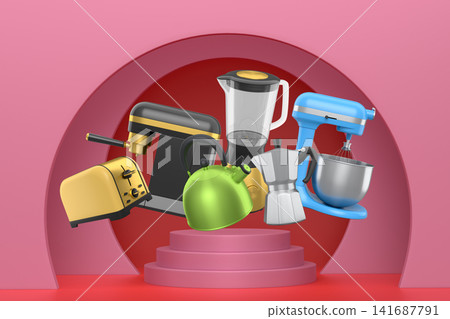 Set of kitchen appliances including mixer, toaster, blender, and coffee maker on white colorful podium and background Set of kitchen appliances including mixer, toaster, blender, and coffee maker on white colorful podium and background 141687791