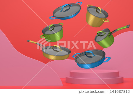 Set of kitchen cookware set with lids floating in midair, over colorfull podium and backdrop, concept of premium utensils Set of kitchen cookware set with lids floating in midair, over colorfull podium and backdrop, concept of premium utensils 141687813