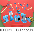 Set of kitchen appliances with baking tools and cookie cutters floating over podium, concept of modern cooking 141687815