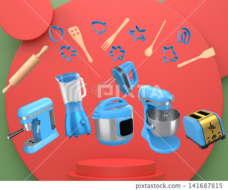 Set of kitchen appliances with baking tools and cookie cutters floating over podium, concept of modern cooking 141687815